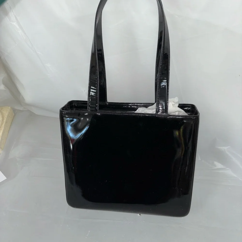 Authentic Chanel Black Patent Logo Tote Bag